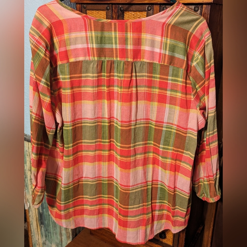 AUA PLUS 16W BLOUSE PINK, GREEN YELLOW, PLEATED BACK, TIE KNOT, PRE-LOVED, CUTE - Picture 2 of 6
